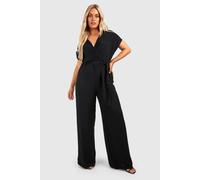 boohoo Women's Plus Plisse Tie Belt Tapered Trouser Jumpsuit in Black | Size: 24