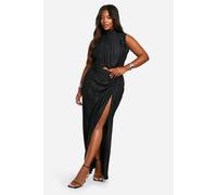 boohoo Women's Plus Plisse Top & Ruched Maxi Skirt Co Ord in Black | Size: 18