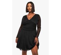 boohoo Women's Plus Plunge Corset Detail Long Sleeve Skater Dress in Black | Size: 26