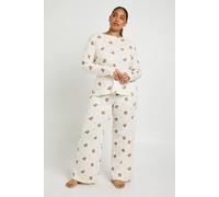boohoo Women's Plus Pointelle Bear Print Long Sleeve Top & Trouser Pyjama Set in Cream | Size: 18