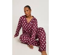 Boohoo Plus Polka Dot Long Sleeve & Trouser Pj Set In Burgundy burgundy 18