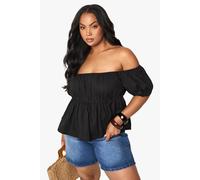 boohoo Women's Plus Poplin Ruched Bardot Top in Black | Size: 24