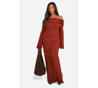 boohoo Women's Plus Premium Oversized Rib Bardot Neckline Soft Knit Jumper Dress in Chocolate | Size: 20