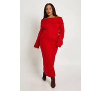 boohoo Women's Plus Premium Oversized Rib Bardot Neckline Soft Knit Jumper Dress in Red | Size: 26
