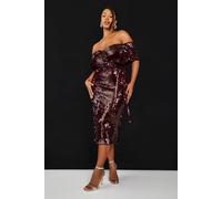 boohoo Women's Plus Premium Sequin Off-The Shoulder Midi Dress in Malbec | Size: 18
