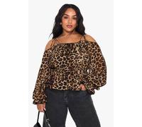 boohoo Women's Plus Printed Dobby Cold Shoulder Top in Leopard | Size: 28