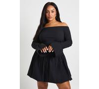 boohoo Women's Plus Puff Ball Flared Sleeve Bardot Mini Dress in Black | Size: 16
