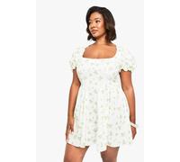 boohoo Women's Plus Puff Sleeve Ditsy Milkmaid Dress in Ivory | Size: 24