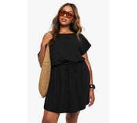 boohoo Women's Plus Rib Off-Shoulder Tie Waist Mini Dress in Black | Size: 26