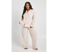 boohoo Women's Plus Rib Velour Trouser Pj Set in Cream | Size: 18