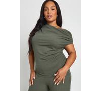 boohoo Women's Plus Ribbed Asymmetric Top & Wide Leg Trouser in Khaki | Size: 28