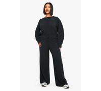 boohoo Women's Plus Ribbed Button Down Cardigan & Wide Leg Trouser in Black | Size: 20