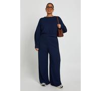 boohoo Women's Plus Ribbed Button Down Cardigan & Wide Leg Trouser in Navy | Size: 16