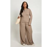 boohoo Women's Plus Ribbed Henley Button Down Long Sleeve Top & Straight Leg Trouser Co-Ord in Mocha | Size: 20
