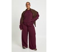 boohoo Women's Plus Ribbed Wide Leg Trouser in Burgundy | Size: 26
