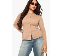 boohoo Women's Plus Ripple Rib Button Down Top in Mocha | Size: 28