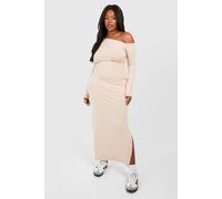 boohoo Women's Plus Ruched Bardot Long Sleeve Maxi Dress in Stone | Size: 28