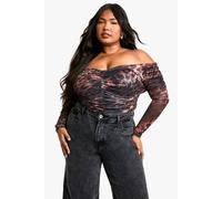 boohoo Women's Plus Ruched Front Bardot Long Sleeve Top in Brown | Size: 24