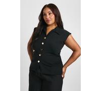 boohoo Women's Plus Ruched Side Gold Button Down Waistcoat in Black | Size: 20
