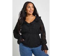 boohoo Women's Plus Ruffle Burnout Blouse in Black | Size: 22