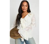 boohoo Women's Plus Ruffle Burnout Blouse in Ivory | Size: 16