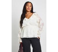 boohoo Women's Plus Ruffle Burnout Blouse in Ivory | Size: 22