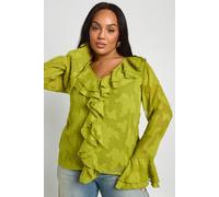 boohoo Women's Plus Ruffle Burnout Blouse in Olive | Size: 16