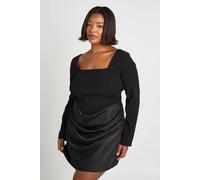 boohoo Women's Plus Satin Drape Long Sleeve Mini Dress in Black | Size: 26