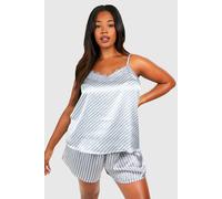 boohoo Women's Plus Satin Stripe Lace Trim Cami Pj Short Set in Grey | Size: 22