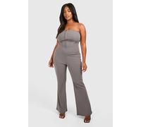 boohoo Women's Plus Scuba Crepe Corset Hook & Eye Detail Bandeau Flare Jumpsuit in Charcoal | Size: 24