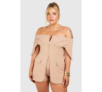 boohoo Women's Plus Scuba Crepe Corset Hook & Eye Detail Bardot Blazer Playsuit in Sand | Size: 26