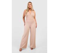 boohoo Women's Plus Scuba Crepe Corset Hook & Eye Detail Halter Neck Wide Leg Jumpsuit in Sand | Size: 22