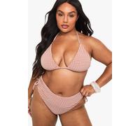boohoo Women's Plus Seersucker Gingham Tie Front Triangle Bikini Top in Chocolate | Size: 28