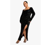 boohoo Women's Plus Sequin Velvet Split Maxi Dress in Black | Size: 26
