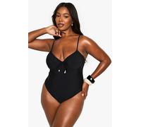 boohoo Women's Plus Shell Trim Ruched Cup Underwire Swimsuit in Black | Size: 18