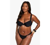 boohoo Women's Plus Shell Trim Ruched Tanga Bikini Bottoms in Black | Size: 20