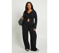 boohoo Women's Plus Soft Rib Ruched Detail Button Through Top & Wide Leg Trouser Co-Ord in Black | Size: 24