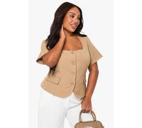 boohoo Women's Plus Square Neck Cinched Waist Short Sleeve Blazer in Taupe | Size: 26