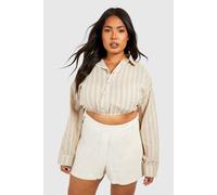 boohoo Women's Plus Stripe Linen Look Gathered Hem Crop Shirt in Stone | Size: 18