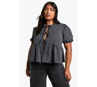 boohoo Women's Plus Stripe Tie Front Smock Top in Black | Size: 18