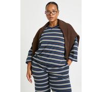 boohoo Women's Plus Striped V Neck Oversized T-Shirt in Navy | Size: 16