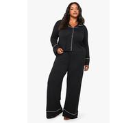 boohoo Women's Plus Super Soft Modal Long Sleeve Shirt & Trouser Pyjama Set in Black | Size: 16