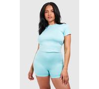 boohoo Women's Plus Supersoft Premium Seamless Seam Detail Open Back Top in Aqua | Size: 16/18