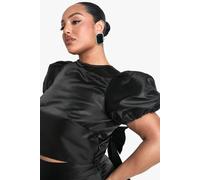 boohoo Women's Plus Taffeta Bow Back Puff Sleeve Top in Black | Size: 26