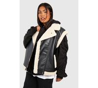 boohoo Women's Plus Teddy Trim Faux Leather Gilet in Black | Size: 20