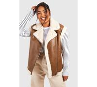 boohoo Women's Plus Teddy Trim Faux Leather Gilet in Chocolate | Size: 20