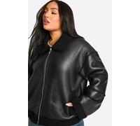 boohoo Women's Plus Teddy Trim Faux Leather Jacket in Black | Size: 28