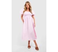 boohoo Women's Plus Textured Gingham Puff Sleeve Midi Dress in Baby Pink | Size: 18