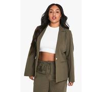 boohoo Women's Plus Textured Linen Look Single Breasted Blazer in Khaki | Size: 18
