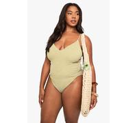 boohoo Women's Plus Textured Stripe Scoop Swimsuit in Olive | Size: 20